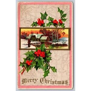 Postcard Merry Christmas Holly Cottages Embossed Posted 1911 Pittsburg PA Stamp